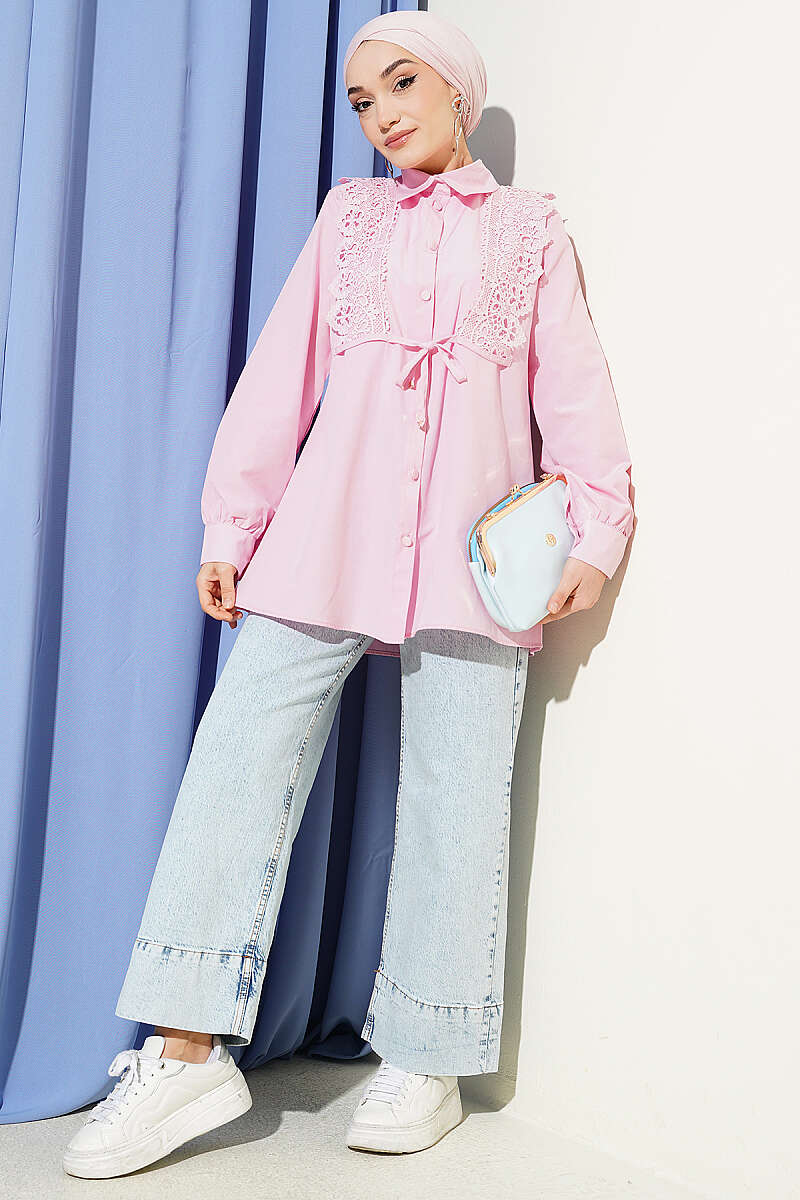 Guipure Lace-Up Shirt - Pink