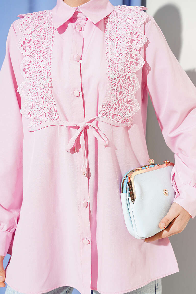 Guipure Lace-Up Shirt - Pink
