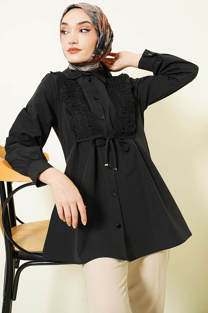 Guipure Lace-Up Shirt - Black