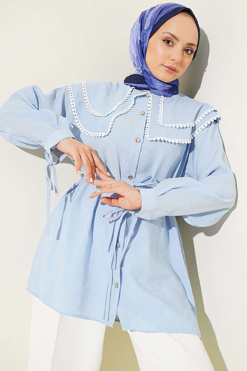 Guipure Shirt with Double Sailor Collar - Light Blue