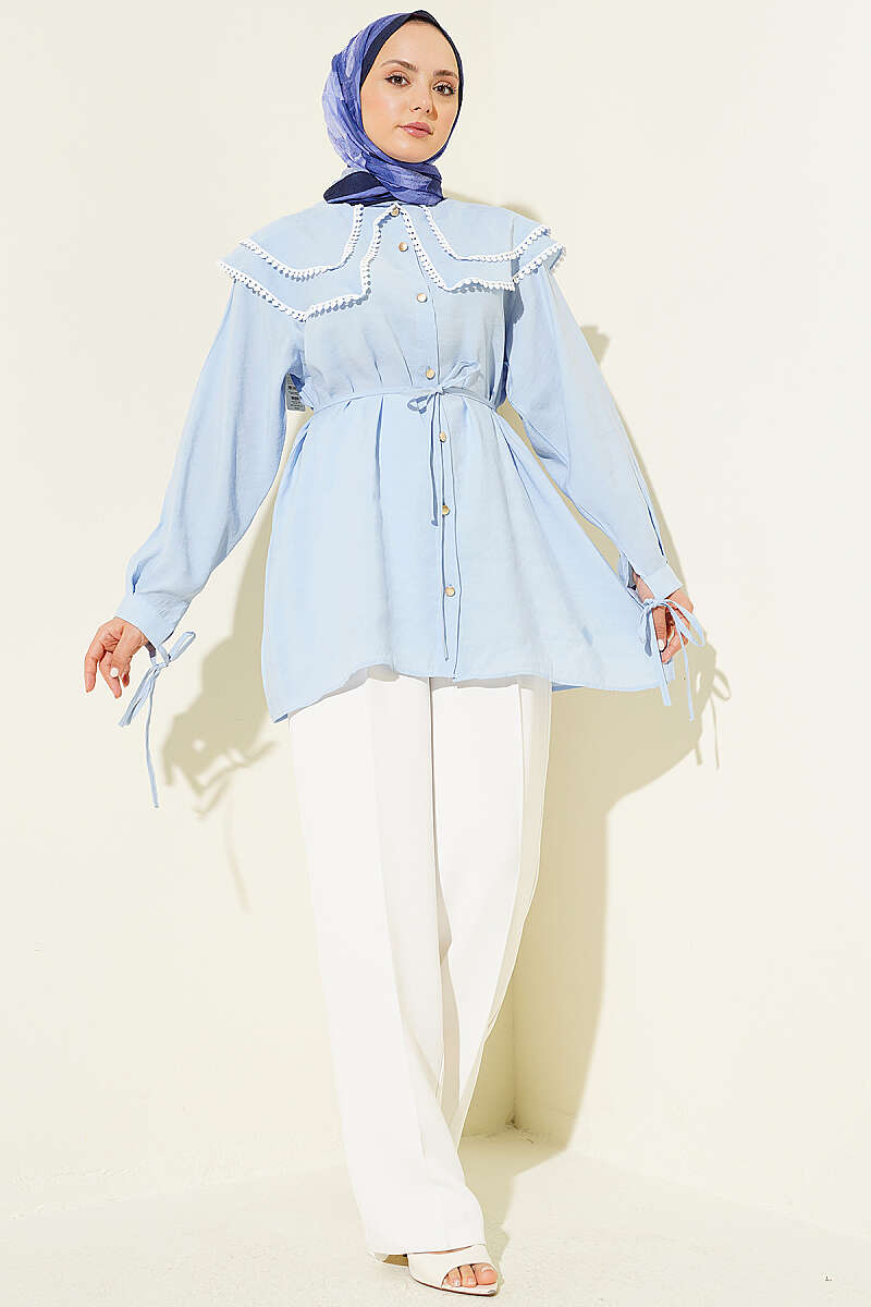 Guipure Shirt with Double Sailor Collar - Light Blue