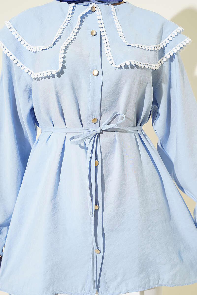 Guipure Shirt with Double Sailor Collar - Light Blue