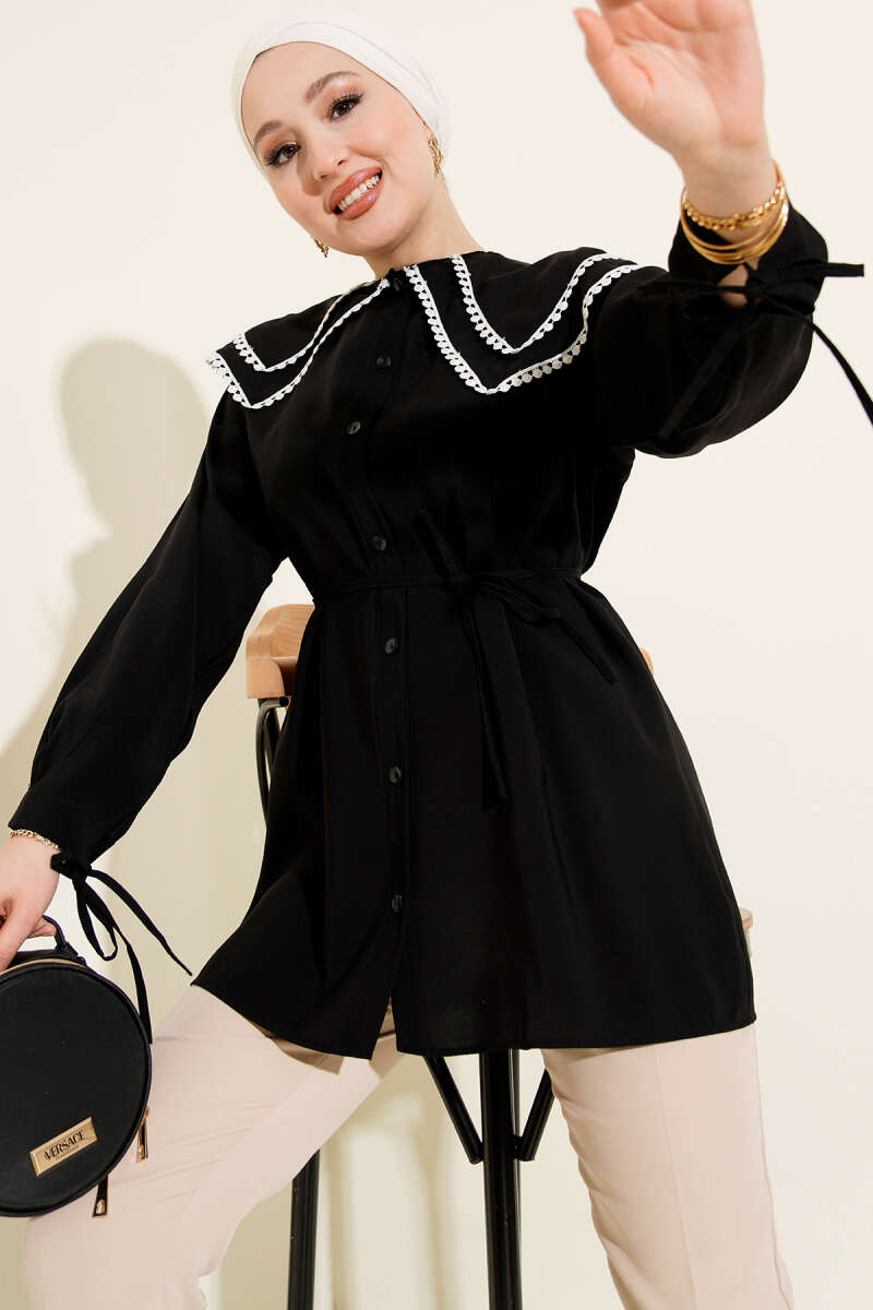 Guipure Shirt with Double Sailor Collar - Black