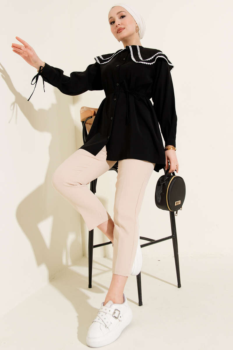 Guipure Shirt with Double Sailor Collar - Black