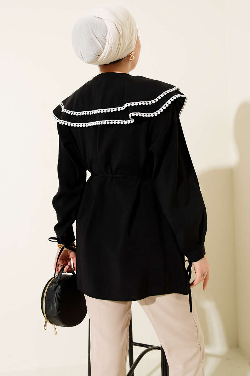 Guipure Shirt with Double Sailor Collar - Black