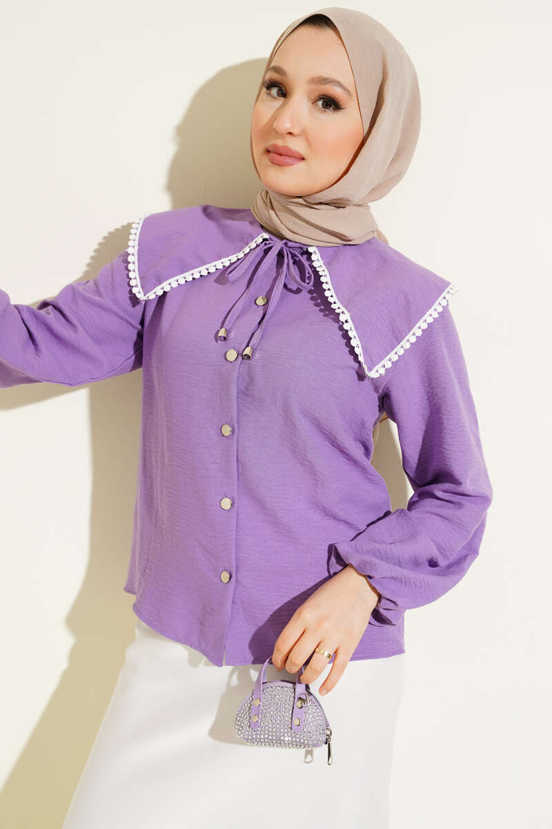 Short Guipure Sailor-Collar Shirt - Lilac