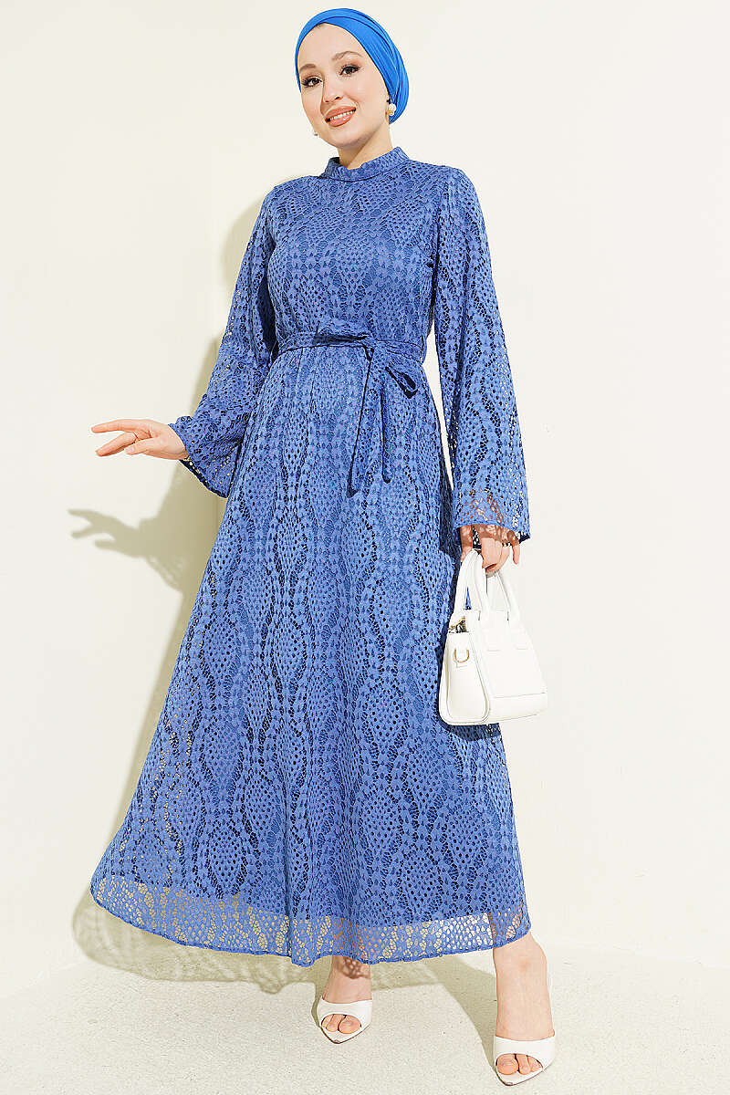 Belted Flared Guipure Dress - Indigo