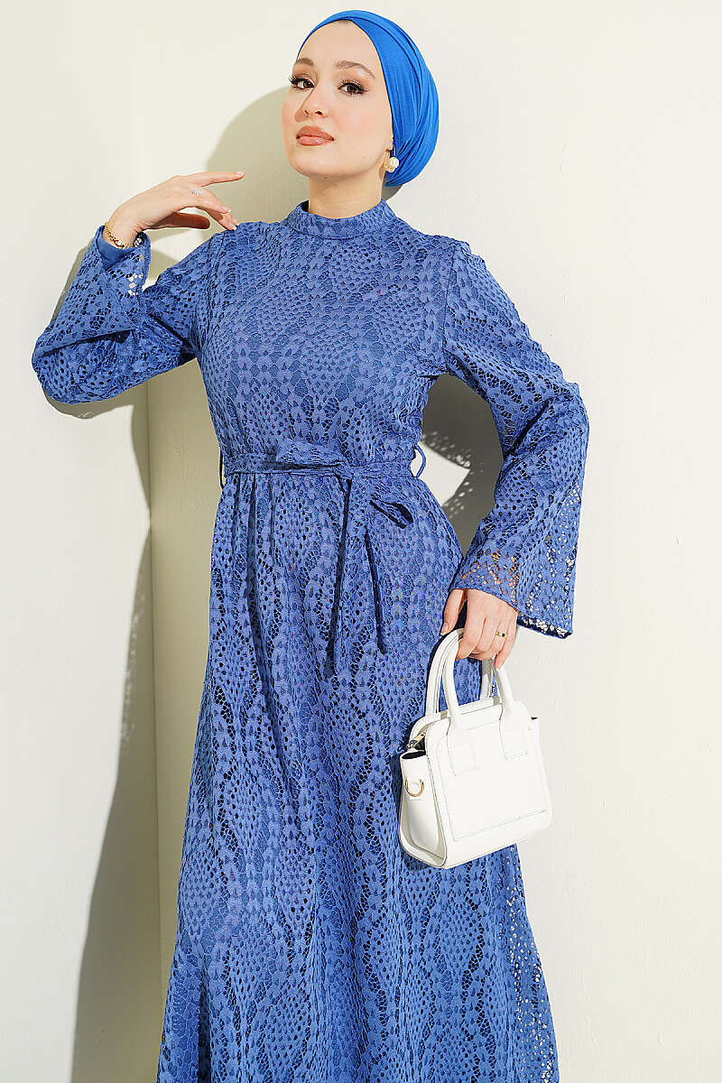Belted Flared Guipure Dress - Indigo