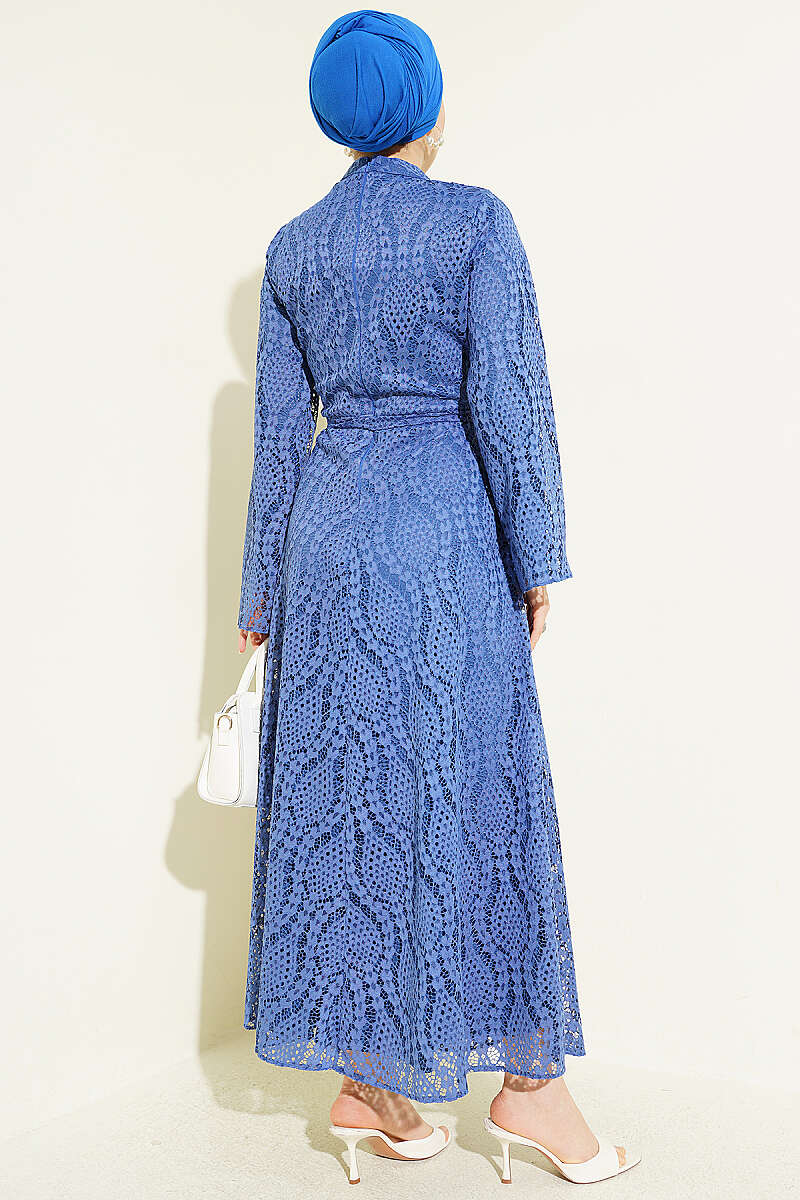 Belted Flared Guipure Dress - Indigo