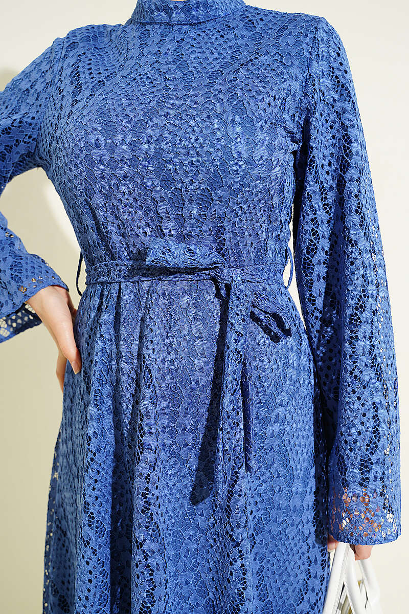 Belted Flared Guipure Dress - Indigo