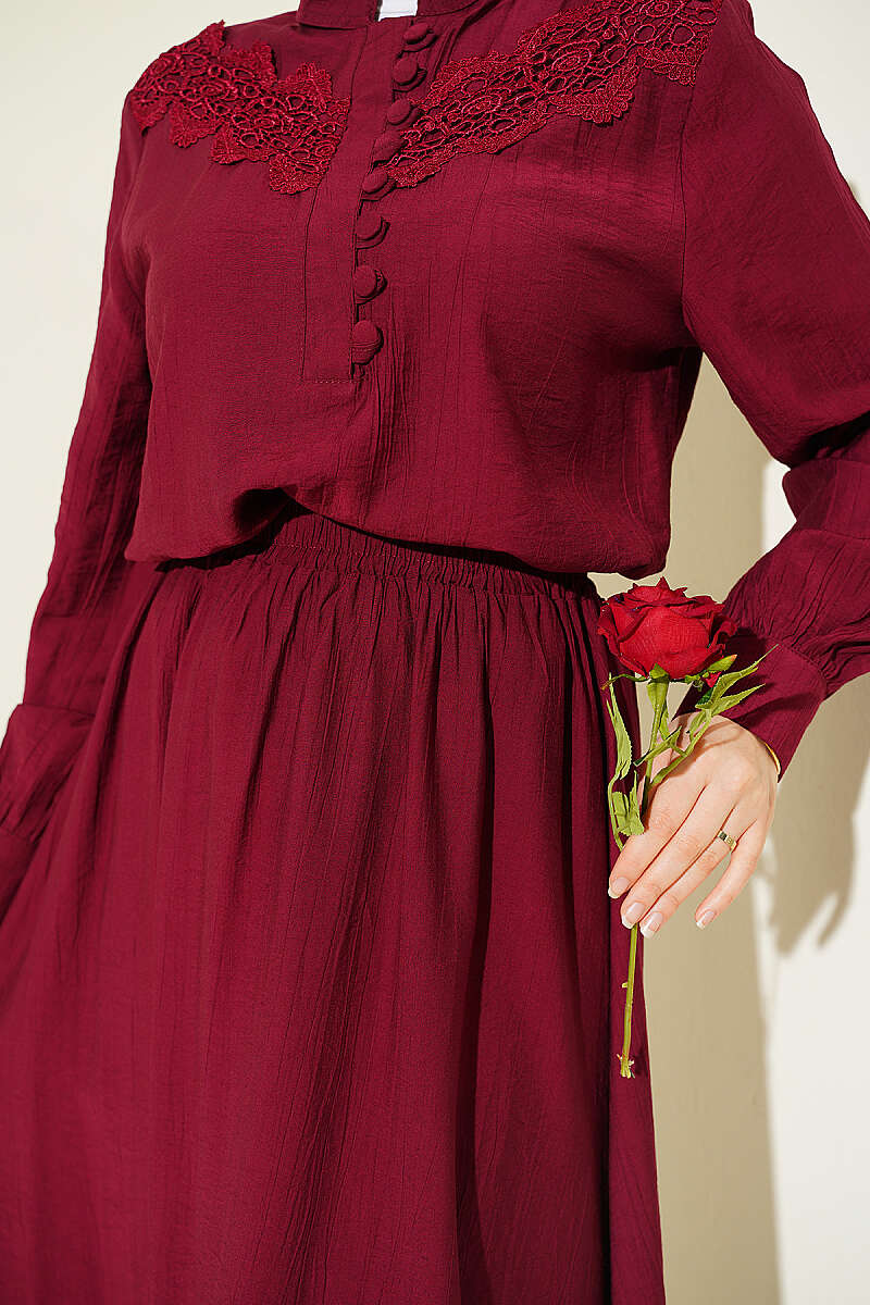 Guipure Skirt Set with Half Rivet Buttons - Burgundy