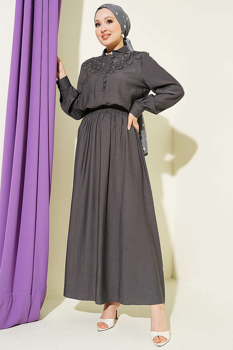 Guipure Skirt Set with Half Rivet Buttons - Smoke Grey