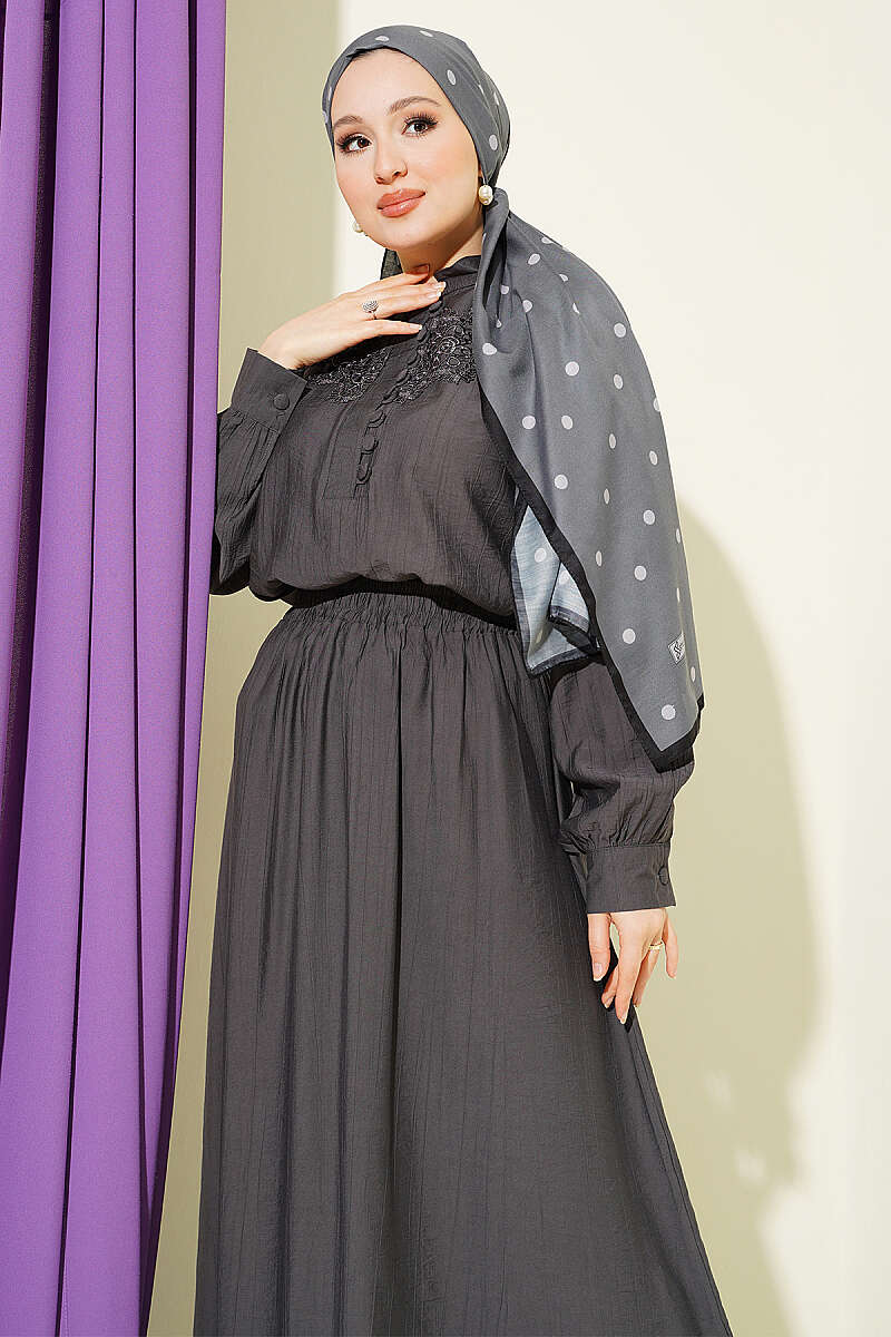Guipure Skirt Set with Half Rivet Buttons - Smoke Grey