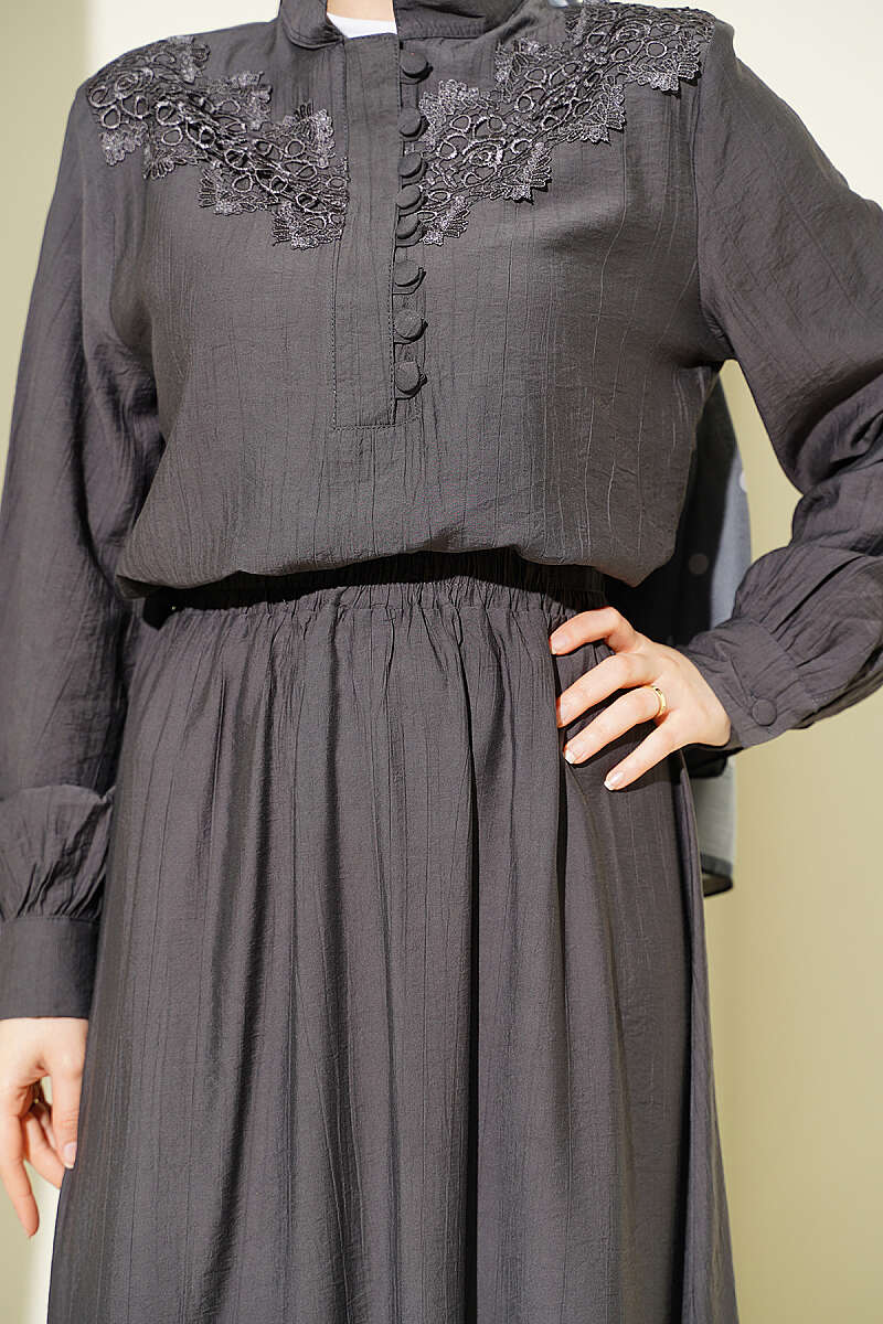 Guipure Skirt Set with Half Rivet Buttons - Smoke Grey