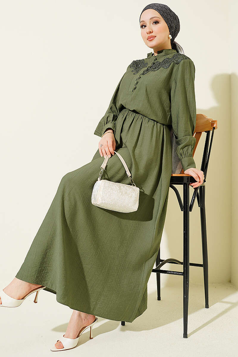Guipure Skirt Set with Half Rivet Buttons - Khaki