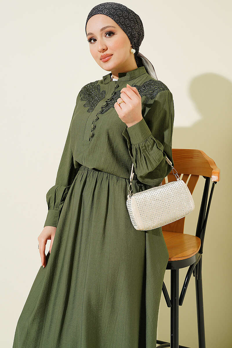 Guipure Skirt Set with Half Rivet Buttons - Khaki