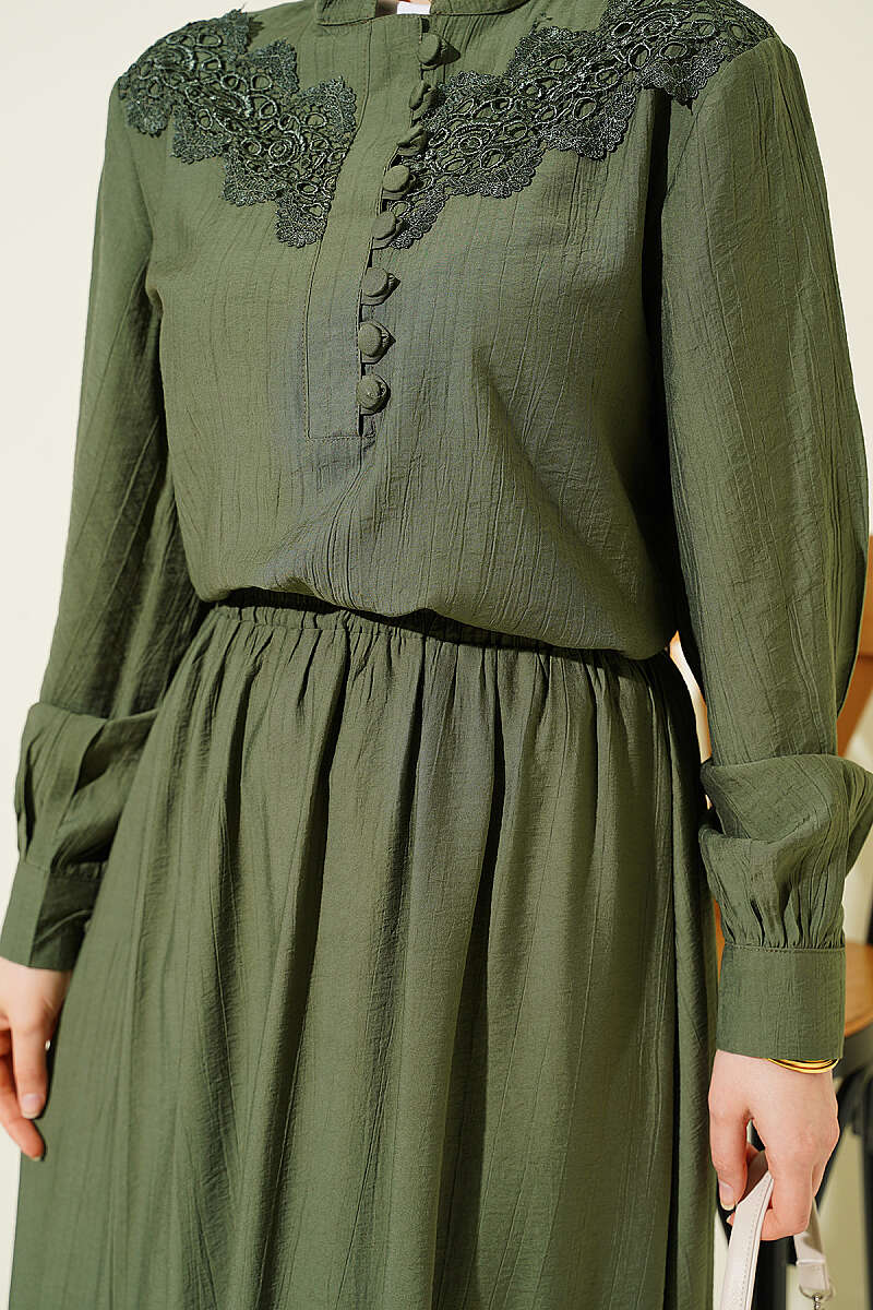 Guipure Skirt Set with Half Rivet Buttons - Khaki