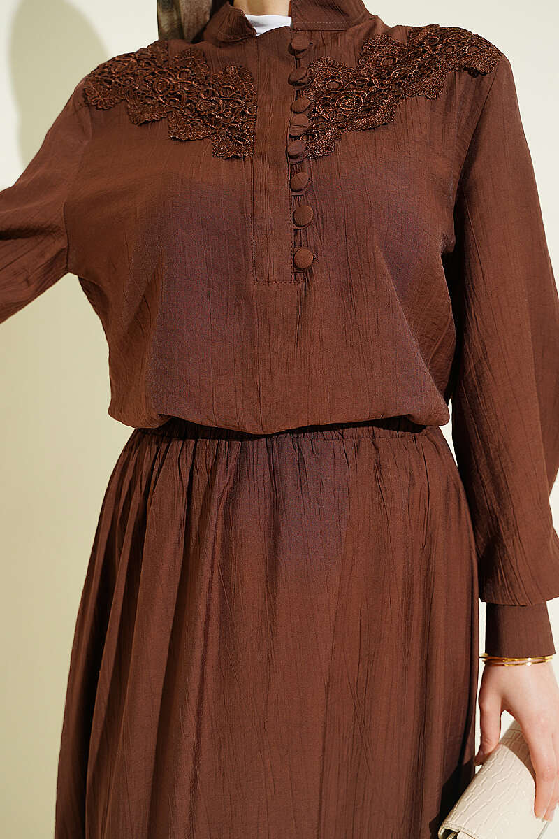 Guipure Skirt Set with Half Rivet Buttons - Brown