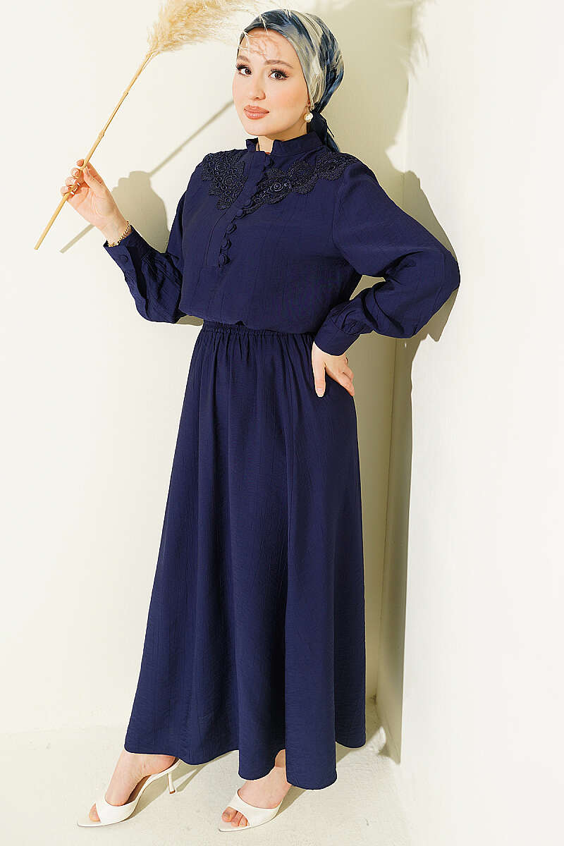 Guipure Skirt Set with Half Rivet Buttons - Navy