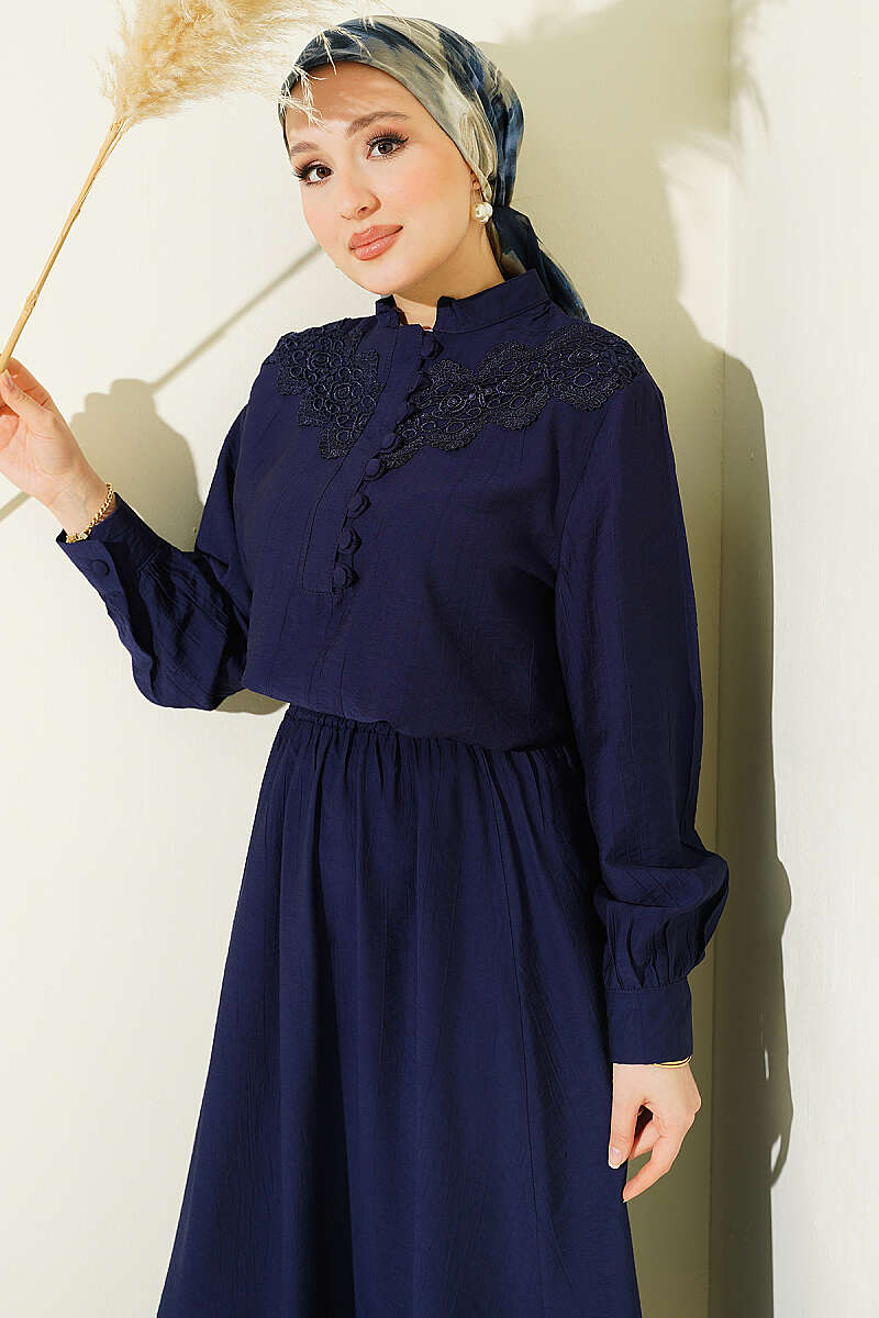 Guipure Skirt Set with Half Rivet Buttons - Navy
