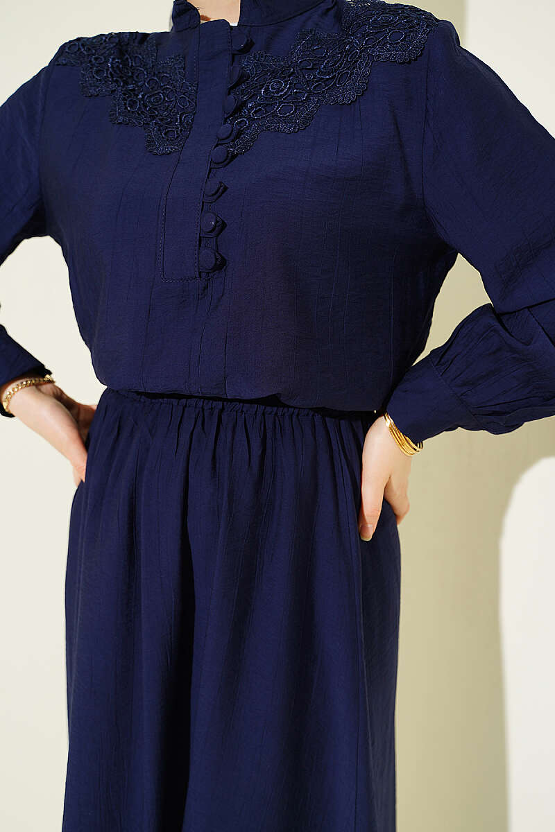 Guipure Skirt Set with Half Rivet Buttons - Navy