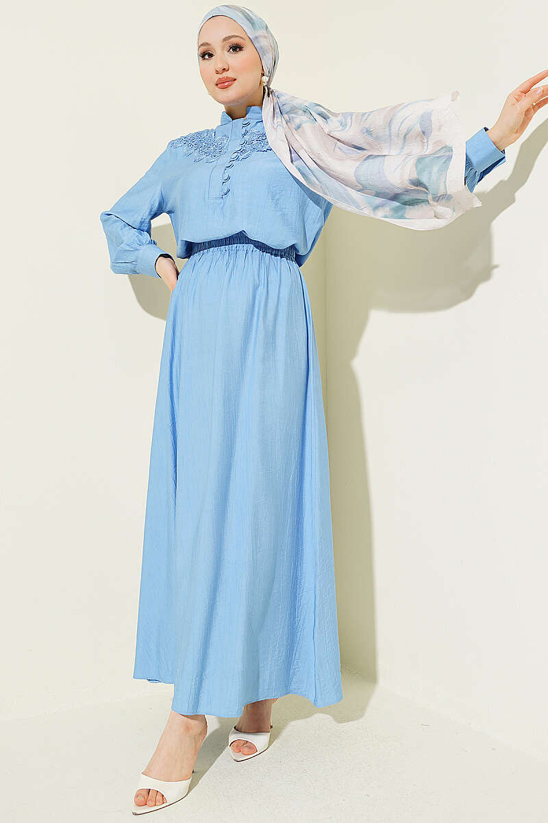 Guipure Skirt Set with Half Rivet Buttons - Blue