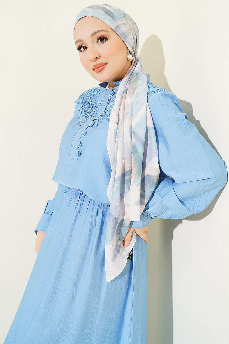 Guipure Skirt Set with Half Rivet Buttons - Blue