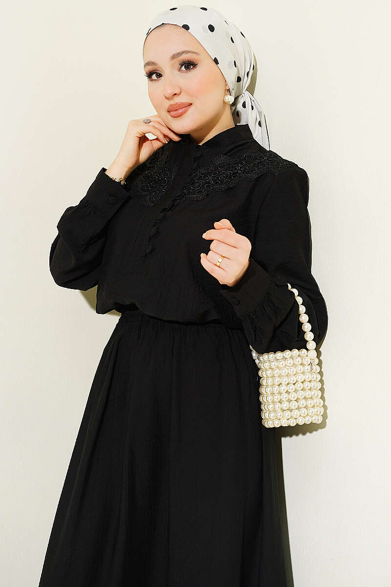 Guipure Skirt Set with Half Rivet Buttons - Black
