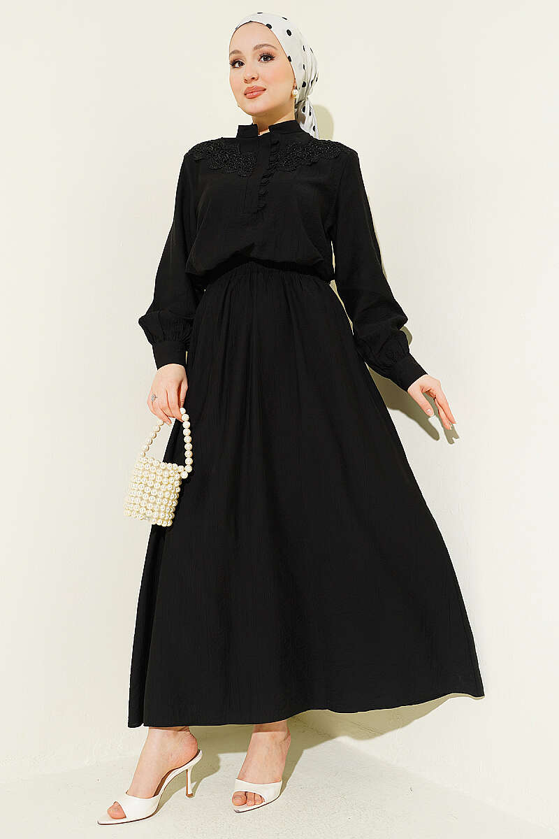 Guipure Skirt Set with Half Rivet Buttons - Black