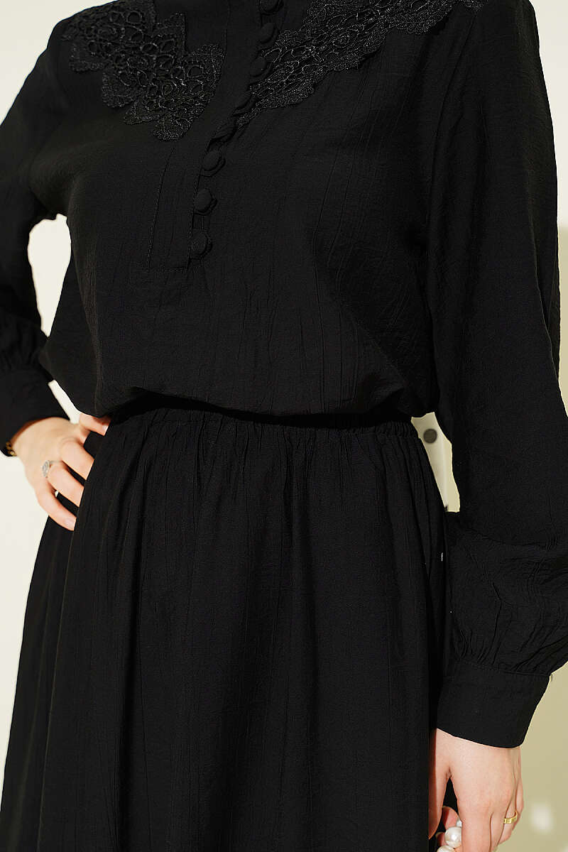 Guipure Skirt Set with Half Rivet Buttons - Black