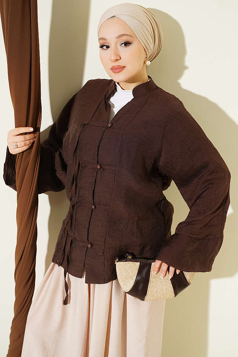 Mandarin-Collar Shirt with Rivet Buttons - Brown