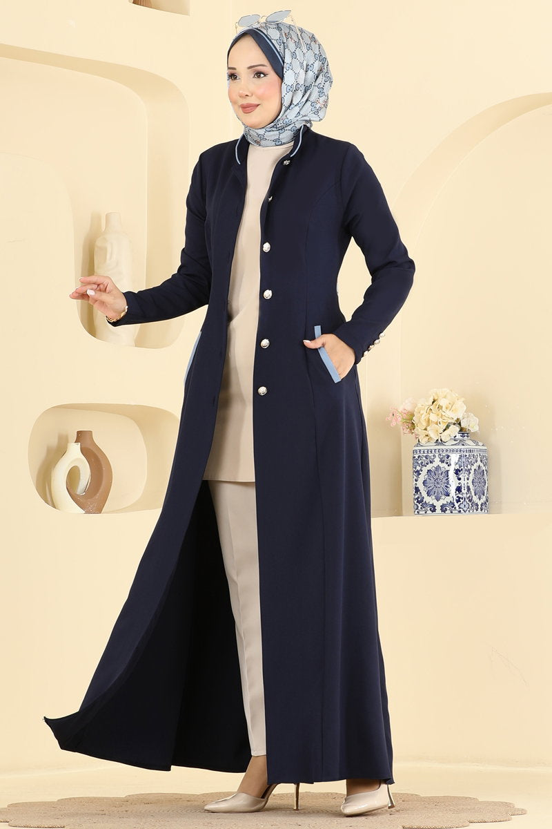 Mandarin-Collar Abaya Coat with Pockets - Navy