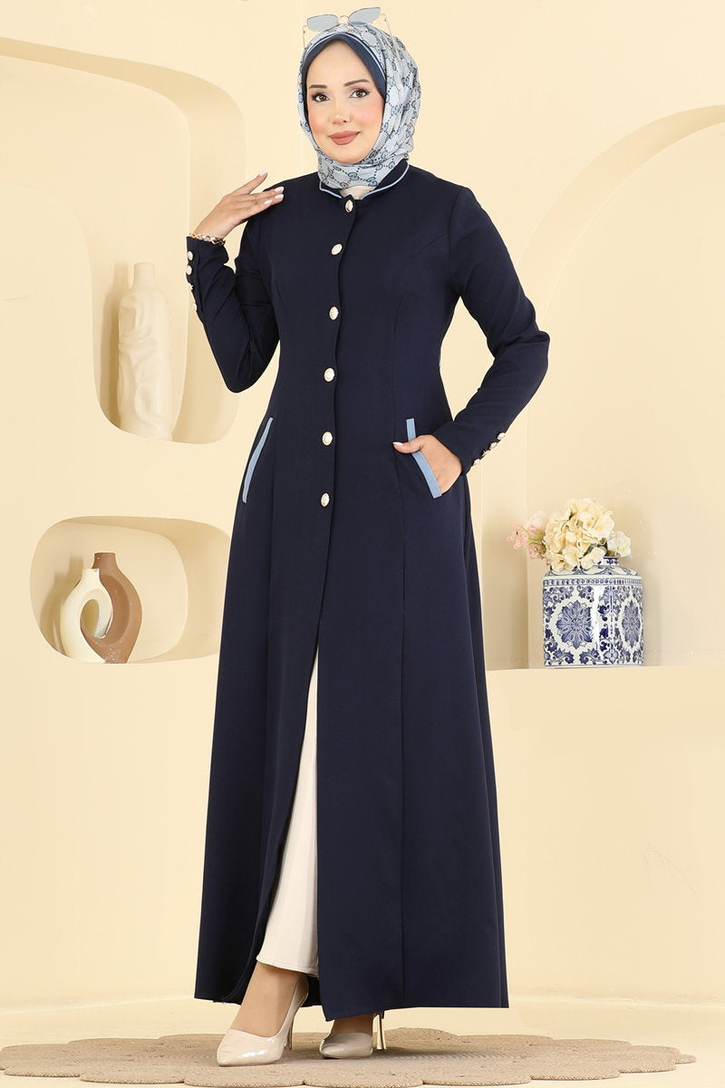 Mandarin-Collar Abaya Coat with Pockets - Navy
