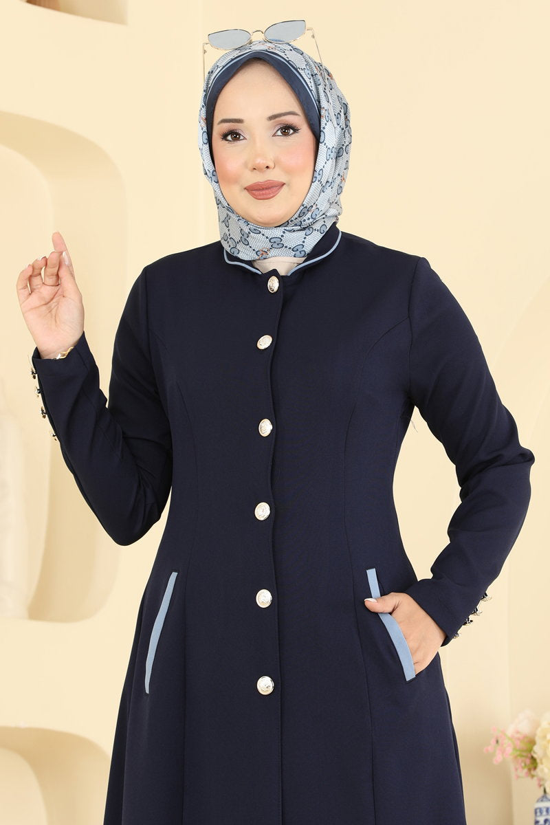 Mandarin-Collar Abaya Coat with Pockets - Navy