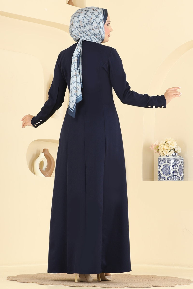 Mandarin-Collar Abaya Coat with Pockets - Navy