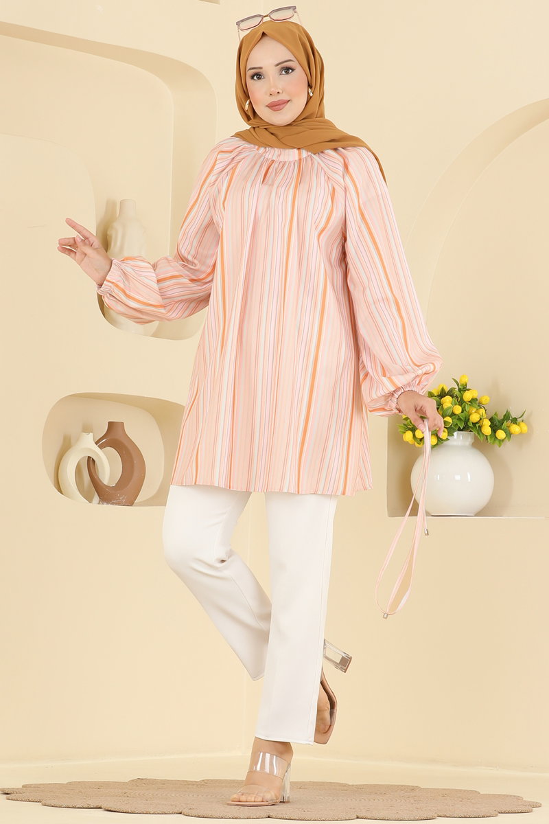 Striped Mandarin-Collar Tunic - Mustard
