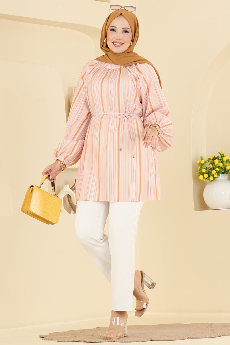 Striped Mandarin-Collar Tunic - Mustard