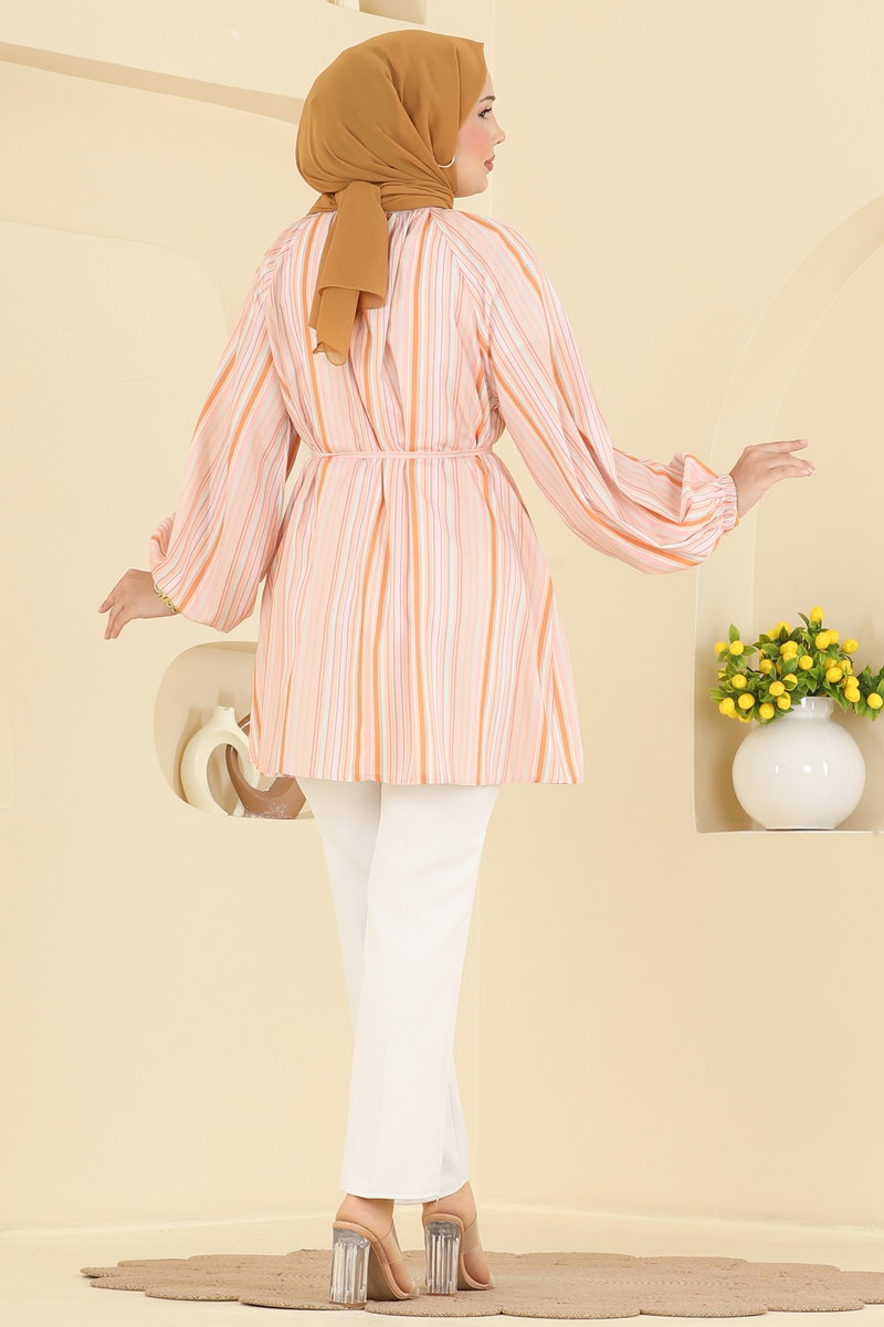 Striped Mandarin-Collar Tunic - Mustard