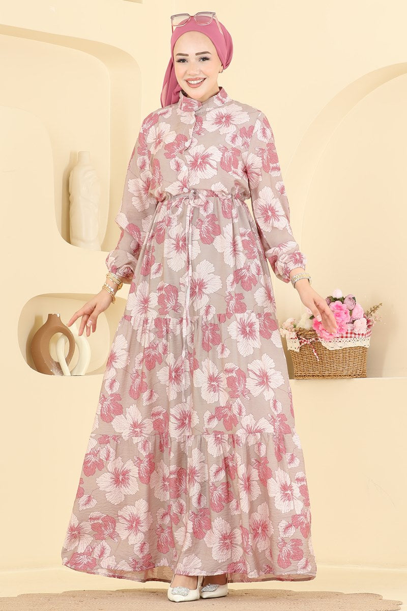 Printed Viscose Dress with Mandarin Collar - Dusty Rose