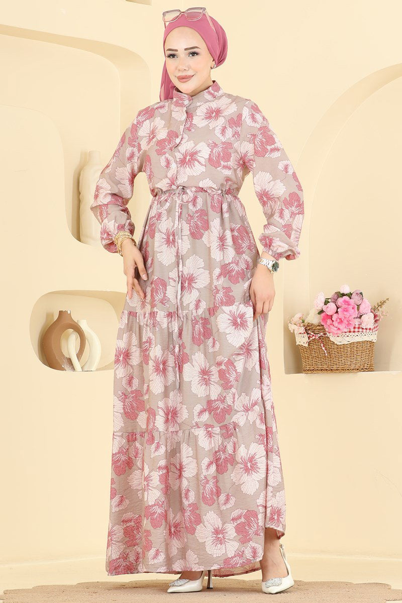 Printed Viscose Dress with Mandarin Collar - Dusty Rose