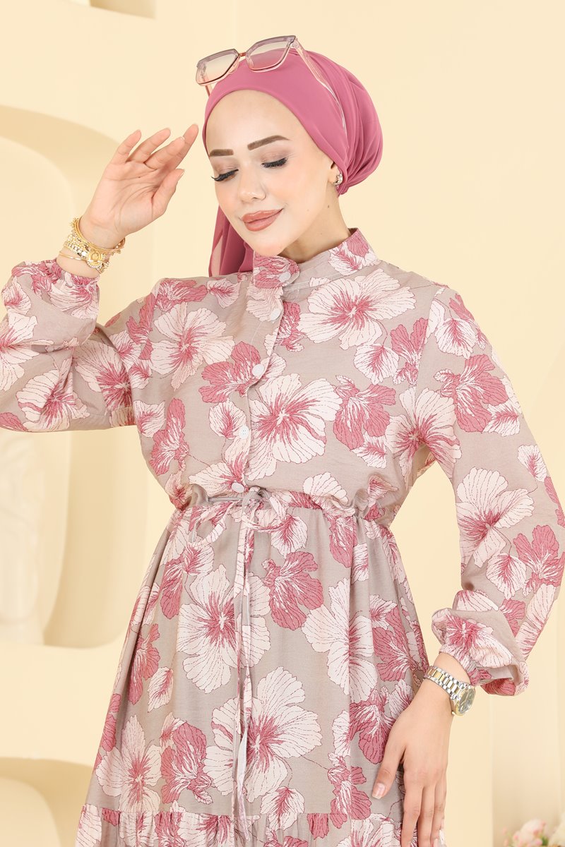 Printed Viscose Dress with Mandarin Collar - Dusty Rose
