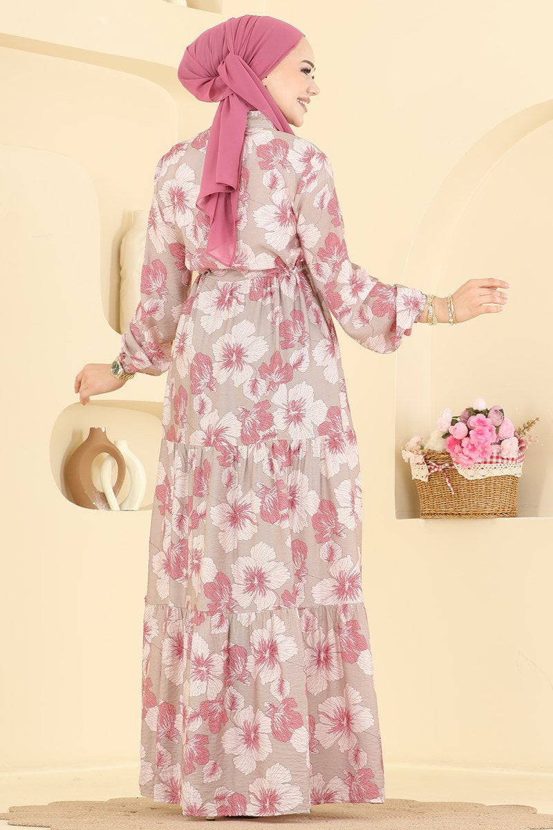 Printed Viscose Dress with Mandarin Collar - Dusty Rose