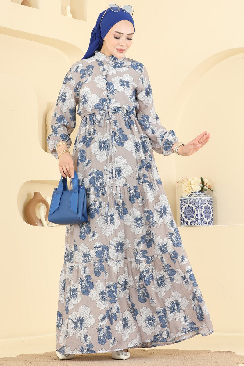 Printed Viscose Dress with Mandarin Collar - Indigo