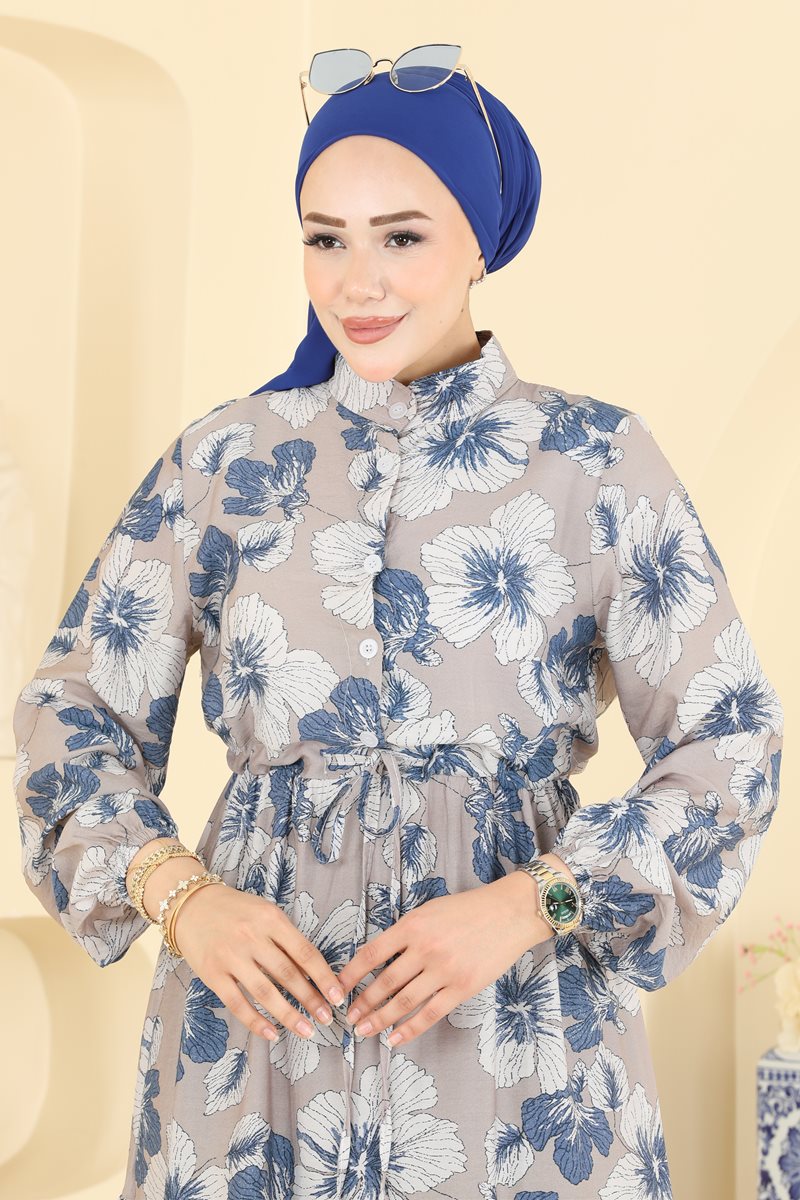 Printed Viscose Dress with Mandarin Collar - Indigo