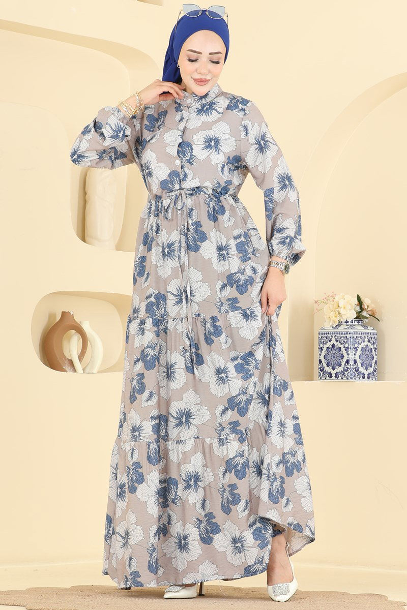 Printed Viscose Dress with Mandarin Collar - Indigo