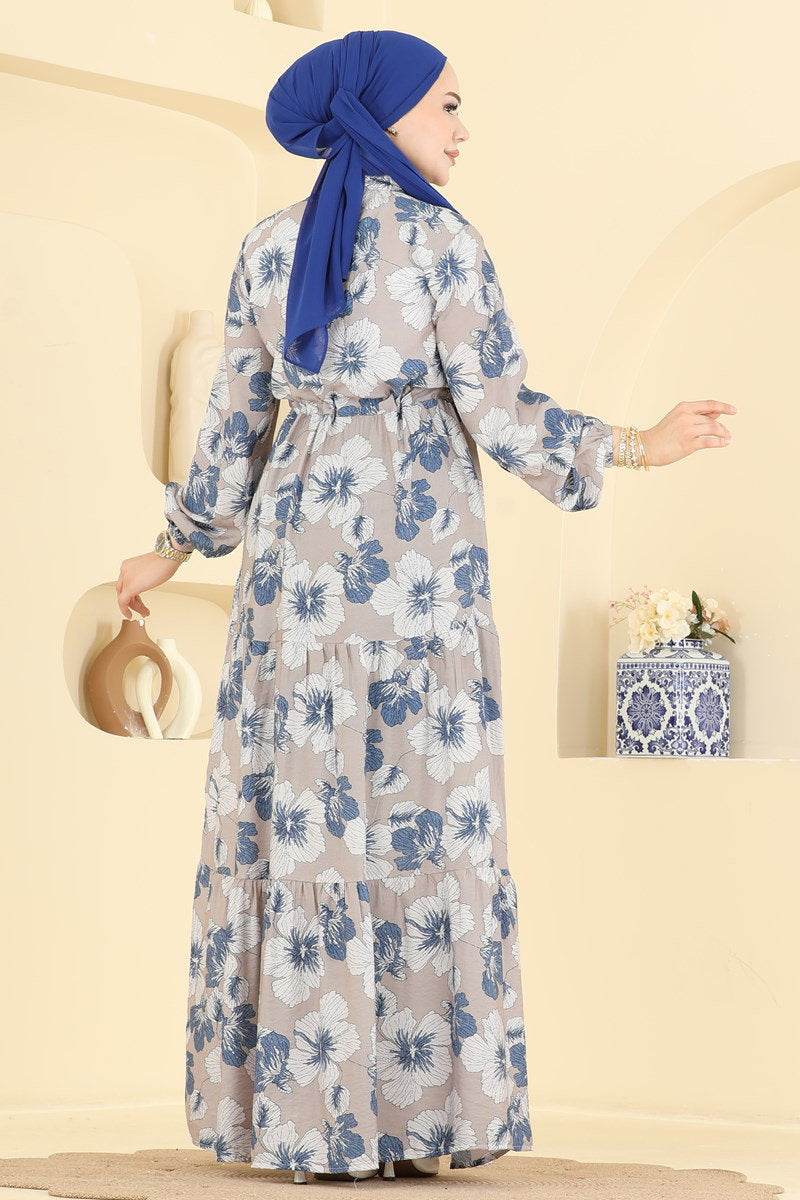 Printed Viscose Dress with Mandarin Collar - Indigo