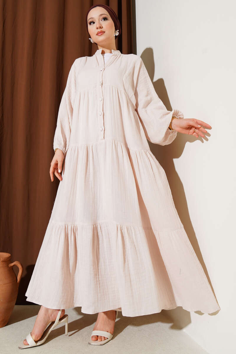 Tiered Mandarin-Collar Button Dress - Beige
