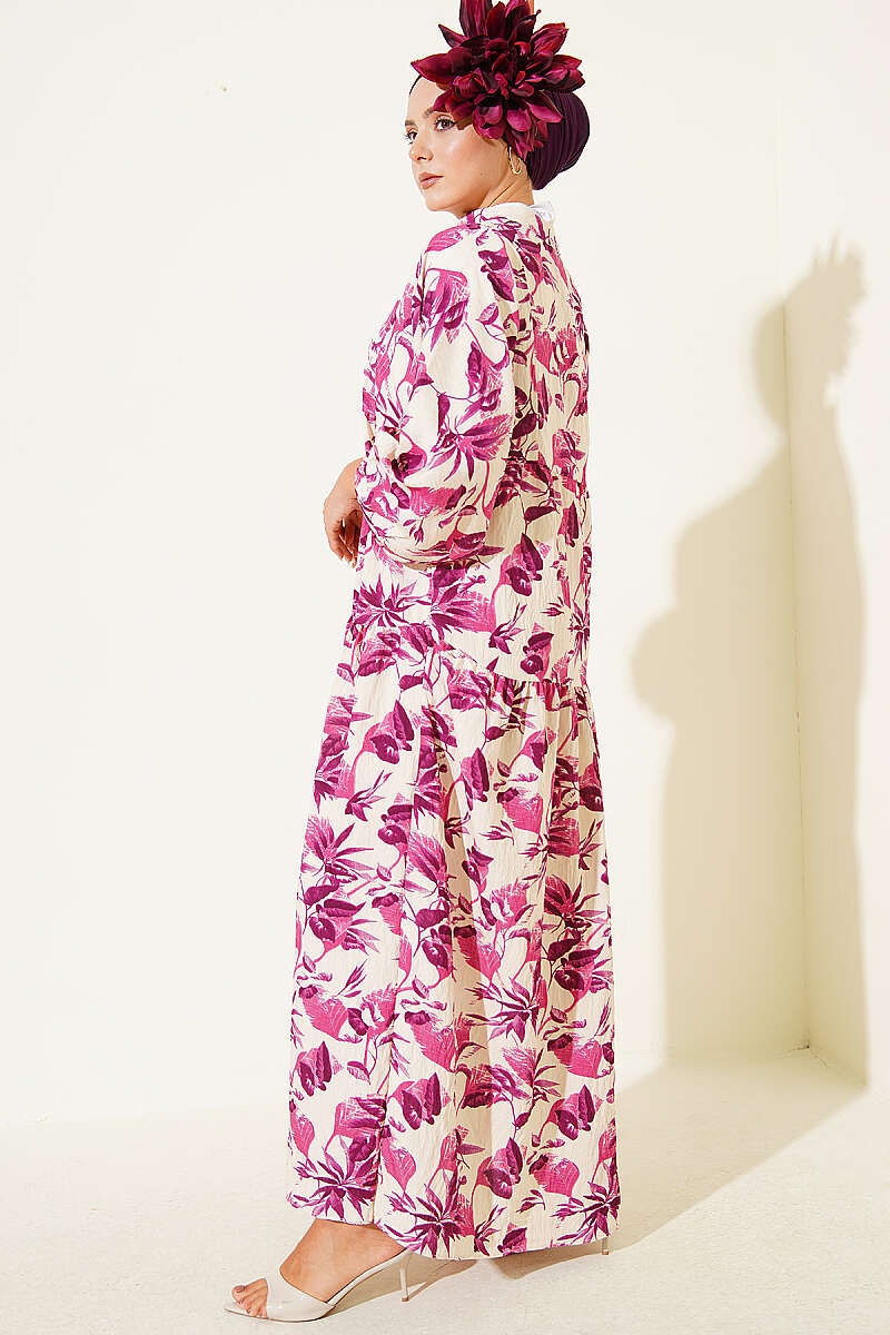 Tiered Patterned Button Dress with Mandarin Collar - Violet