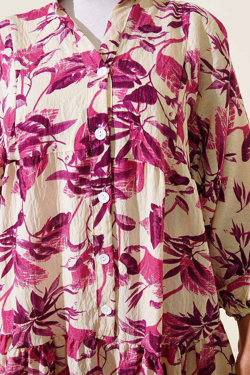 Tiered Patterned Button Dress with Mandarin Collar - Violet