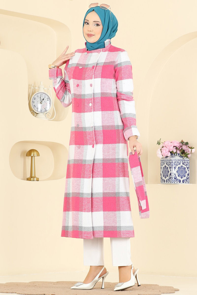 Mandarin-Collar Plaid Cape Coat - Fuchsia